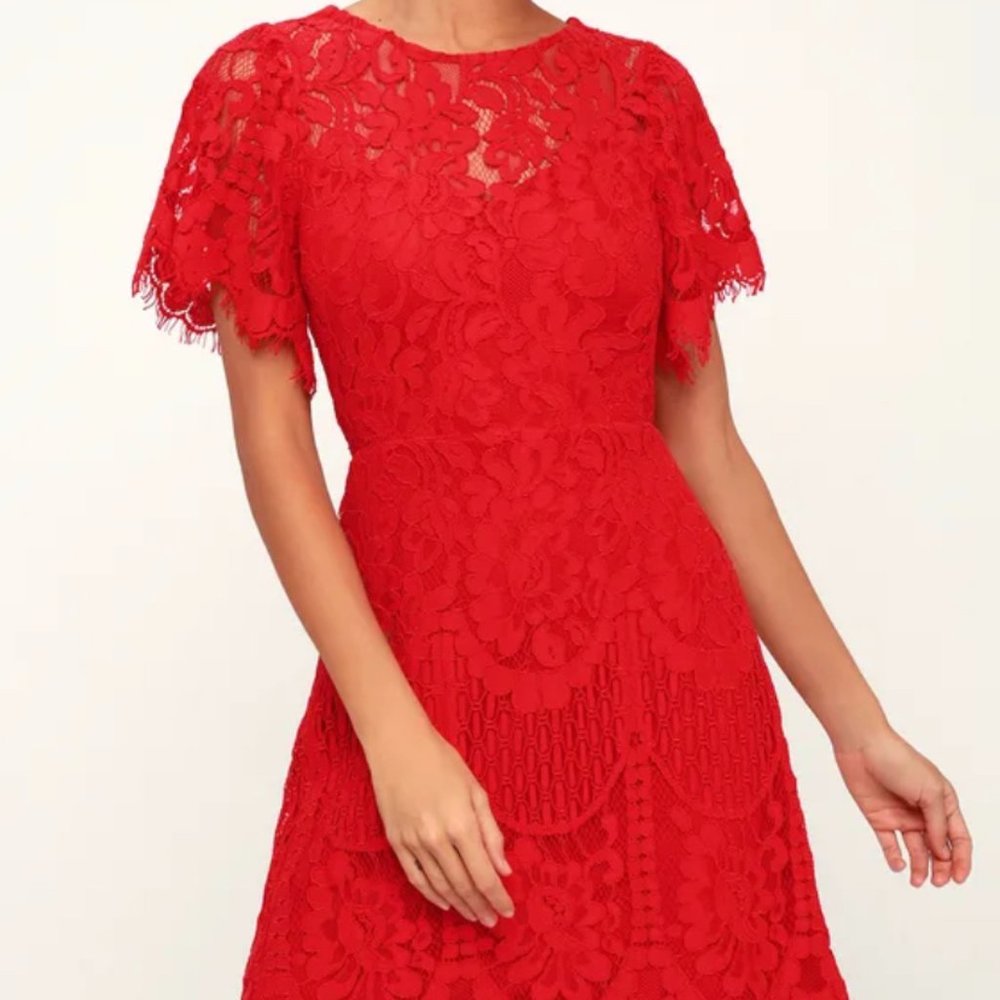 Lulus Red Lace Short Sleeve Dress